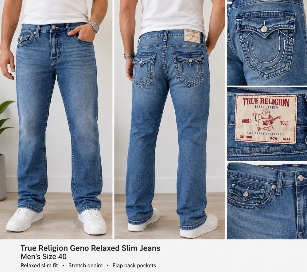 True Religion Geno Relaxed Slim Flap Pocket Jeans Men’s 40 Blue Stretch Denim